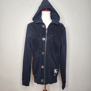 Burberry London Men's Black Knit Hooded Utility Jacket with Horse Logo SZ Small